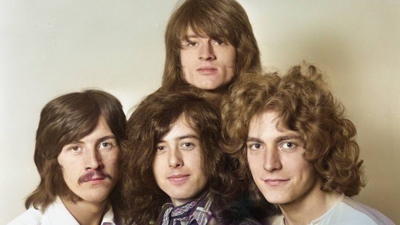 (EDITORS NOTE: Image has been digitally converted to colour from a black and white analogue original.) English rock band Led Zeppelin, studio portrait in London, December 1968. L-R John Bonham, Jimmy Page, John Paul Jones, Robert Plant. (Photo by Dick Barnatt/Redferns)