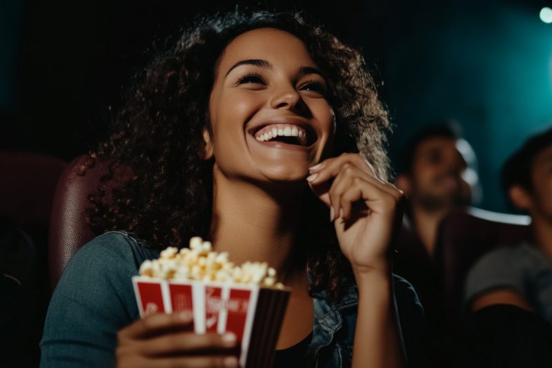 A Brazilian woman with a joyful expression, eating popcorn as she watches a comedy movie in a dark cinema. The screen light casts a soft glow on her face, highlighting her cheerful demeanor.